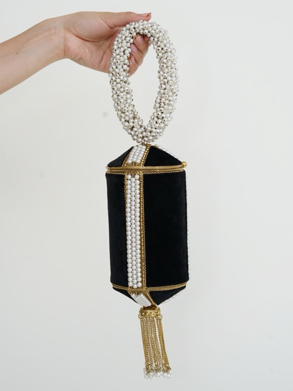 NEW Ramla The Glam Clutch Bag Black Velvet & Pearls Gold Beads Holiday Elegant